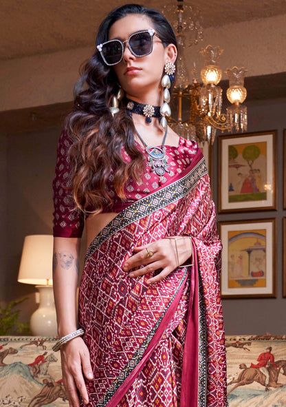Cerise Pink & Multi-Colored Printed Saree with Same Colored Blouse