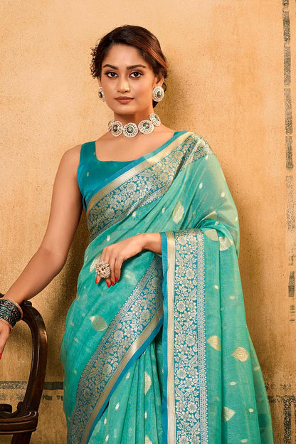 Turquoise Blue & Golden Border Banarasi Silk Saree with Same Colored Fancy Blouse