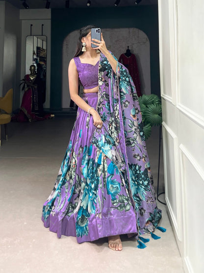 Orchid Purple Floral Design Lehengas For Woven with Sleeve Less Blouse