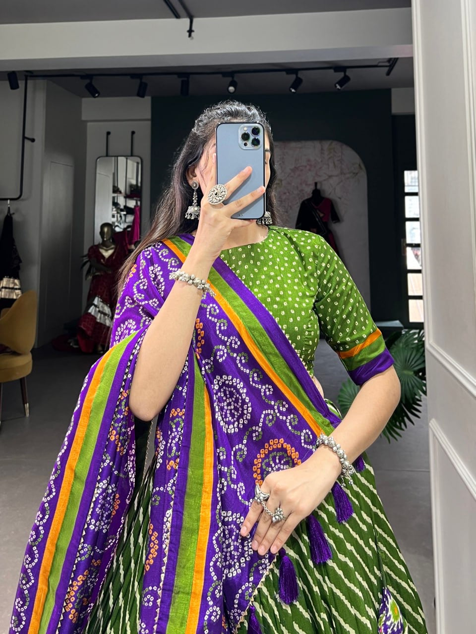 Green & Purple Leheriya Style Lehengas with Blouse and Dupatta