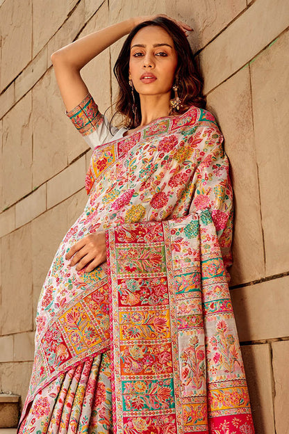 White Floral Kashmiri Silk Saree with White Designer Blouse