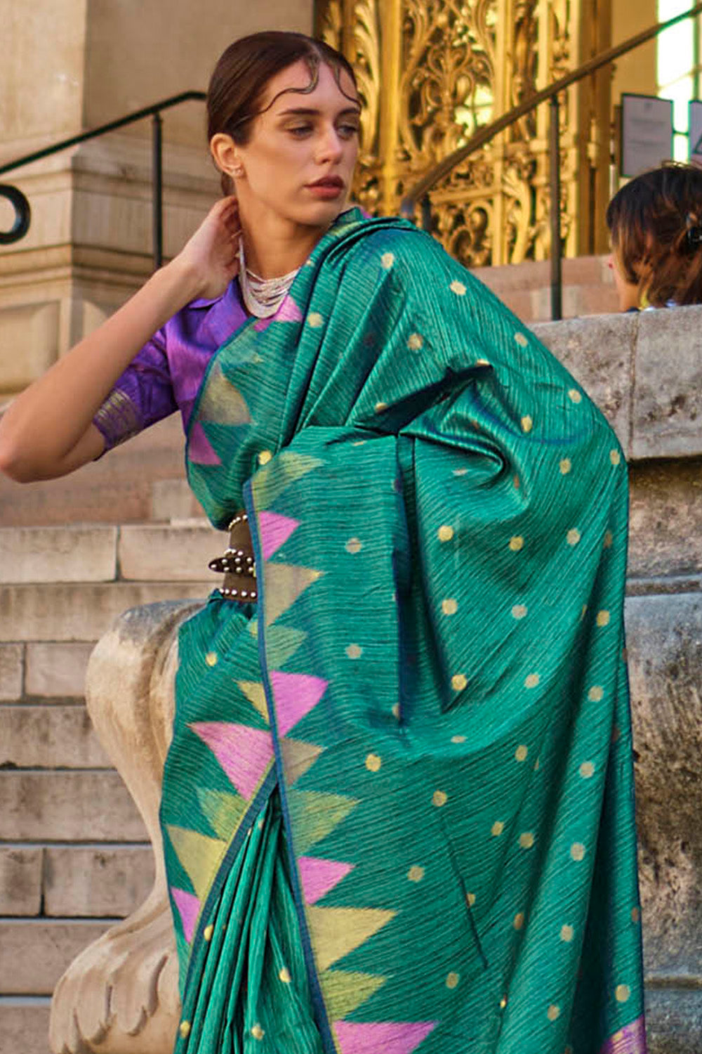 Jungle Green & Grape Purple Banarasi Silk Saree with Purple Pretty Blouse