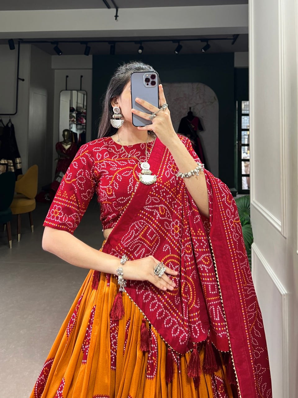 Designer Bandhani Lehenga Choli with Fancy Blouse and Bandhani Dupatta