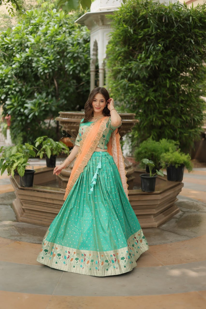 Powder Blue Designer Paithani Style Lehengas with Matching Paithani Blouse