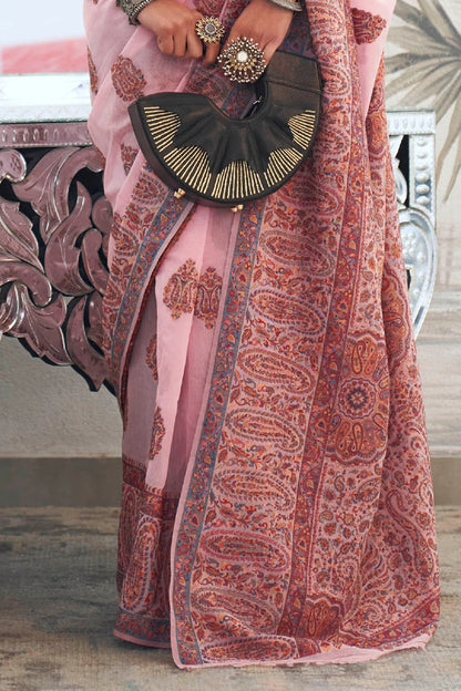 Baby Pink & Multi-colored Border Kashmiri Saree with Fancy Blouse