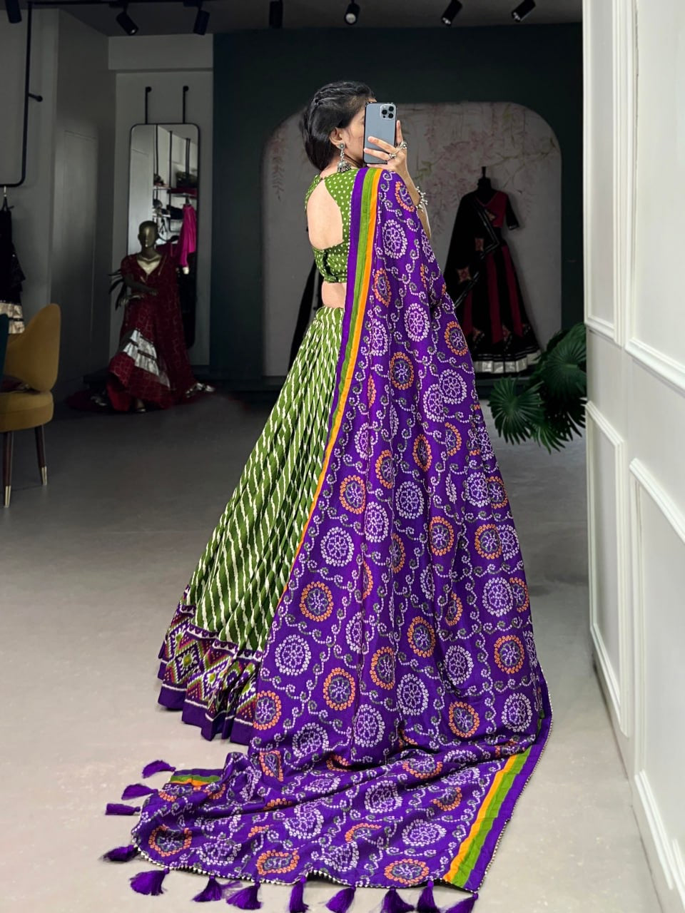 Green & Purple Leheriya Style Lehengas with Blouse and Dupatta