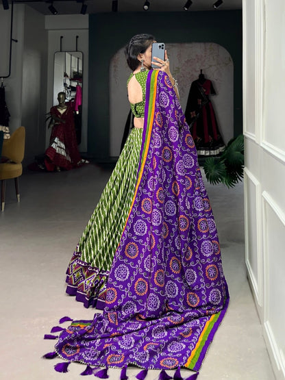Green & Purple Leheriya Style Lehengas with Blouse and Dupatta
