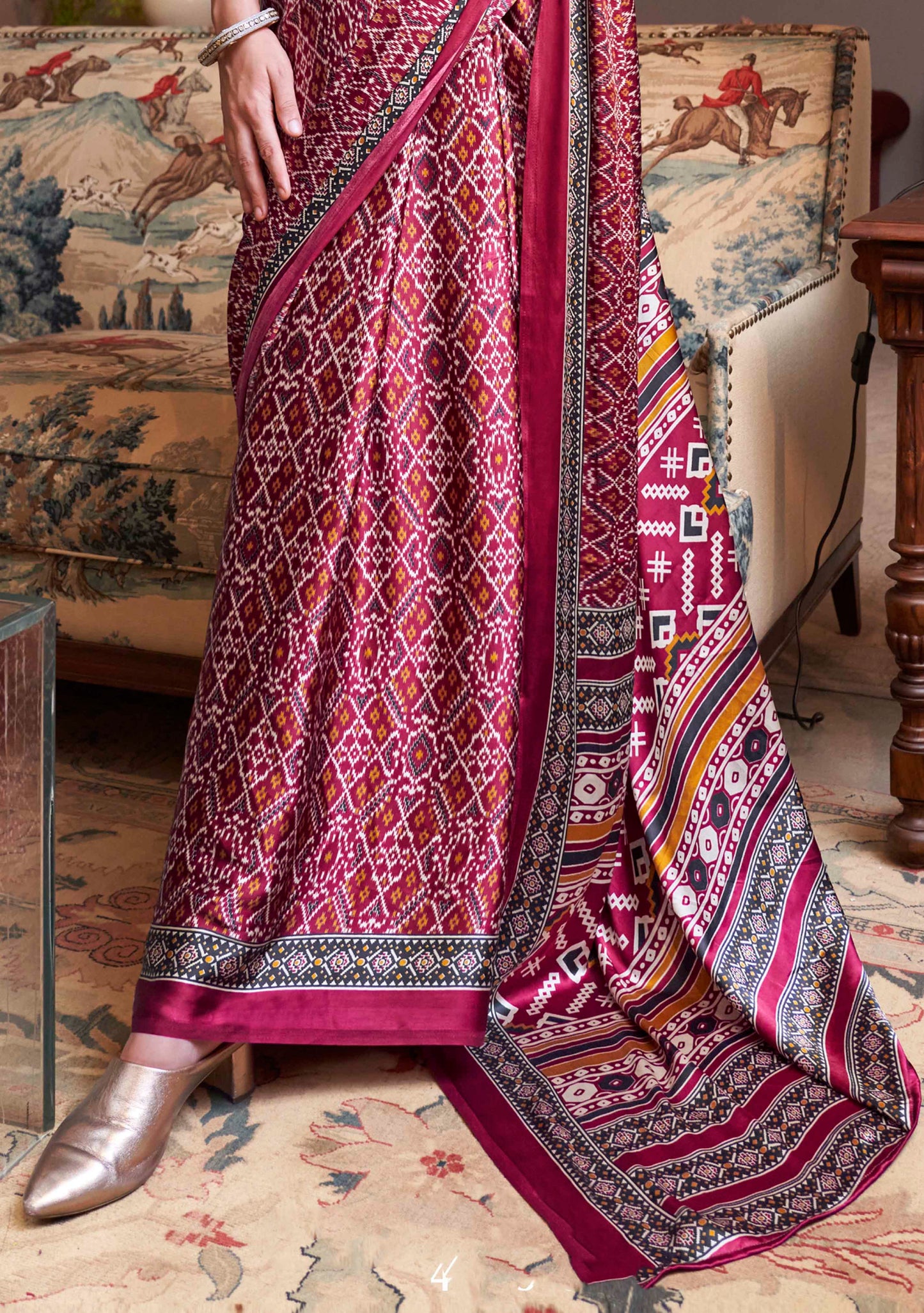 Cerise Pink & Multi-Colored Printed Saree with Same Colored Blouse