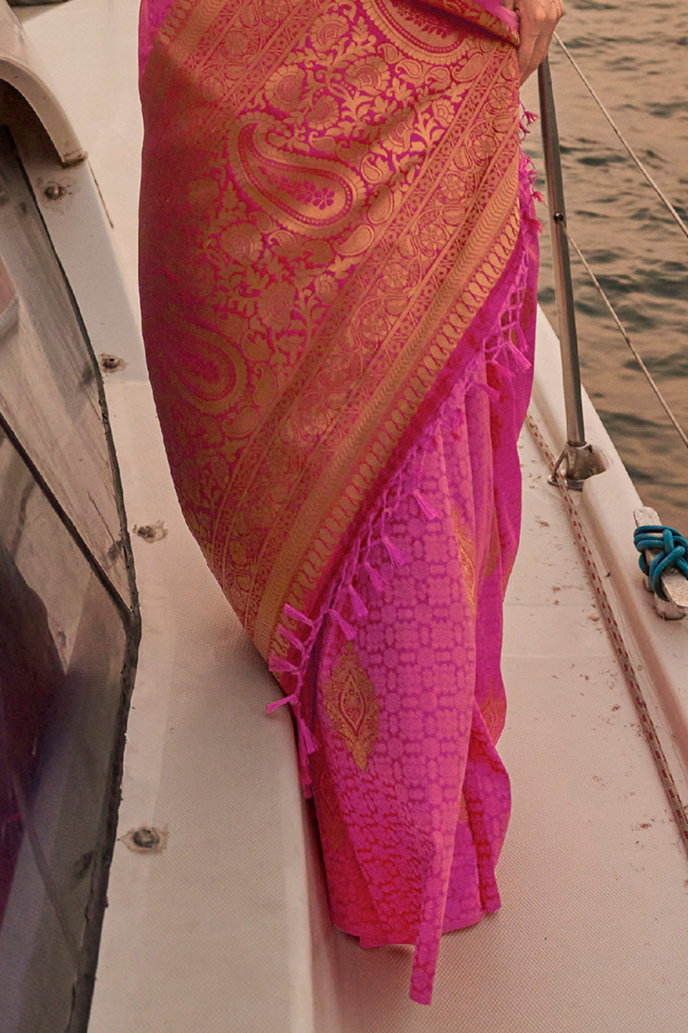 Rose Pink & Golden Butti Satin Saree with Pink Pretty Sleeve Less Blouse