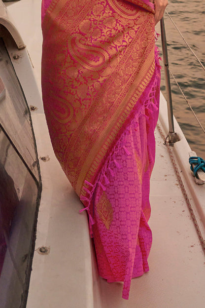 Rose Pink & Golden Butti Satin Saree with Pink Pretty Sleeve Less Blouse