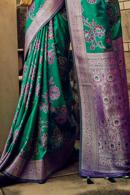 Pine Green & Grape Satin Saree with Violet Purple Designer Blouse