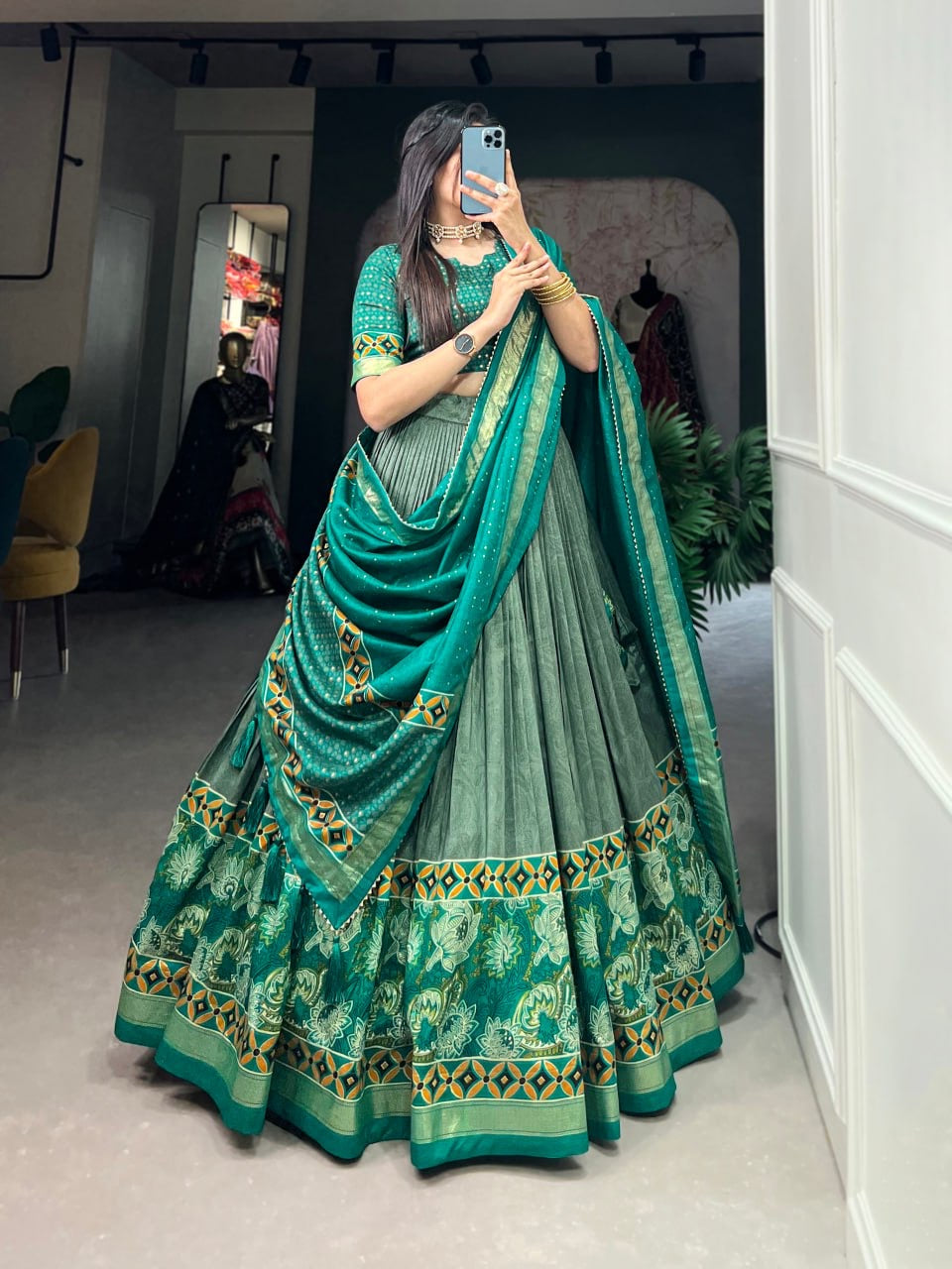 Jungle Green & Multi-colored Lehengas Woven Jaal Design Silk with Blouse