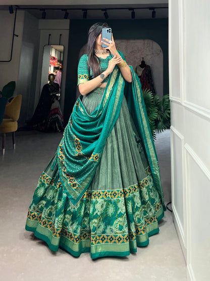 Jungle Green & Multi-colored Lehengas Woven Jaal Design Silk with Blouse