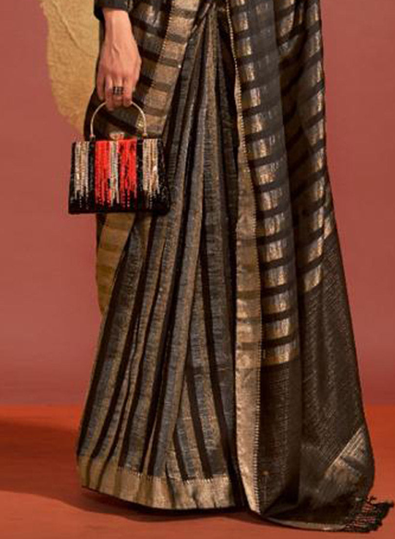 Black & Golden Border Designer Saree with Contrast Blouse