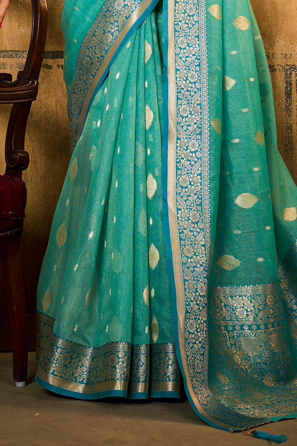 Turquoise Blue & Golden Border Banarasi Silk Saree with Same Colored Fancy Blouse