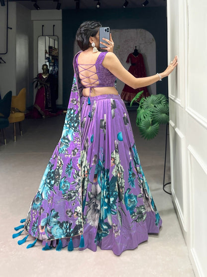 Orchid Purple Floral Design Lehengas For Woven with Sleeve Less Blouse