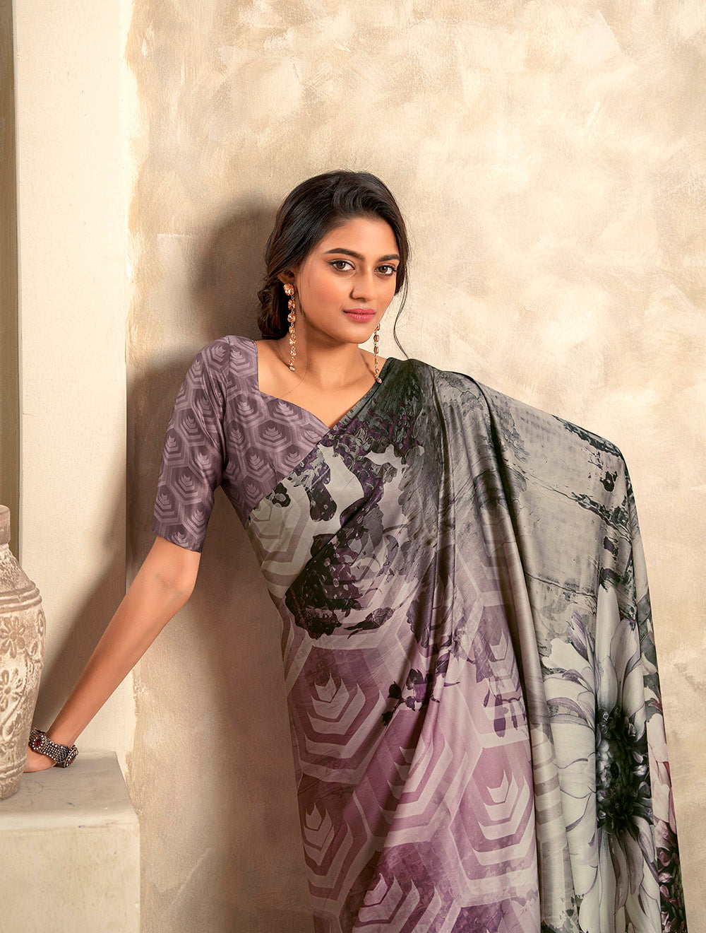 Plum Purple & Multicolored Printed Saree with Same Colored Designer Blouse
