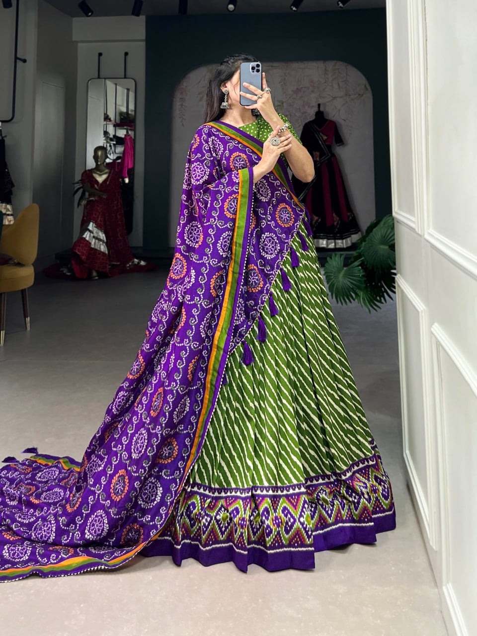 Green & Purple Leheriya Style Lehengas with Blouse and Dupatta