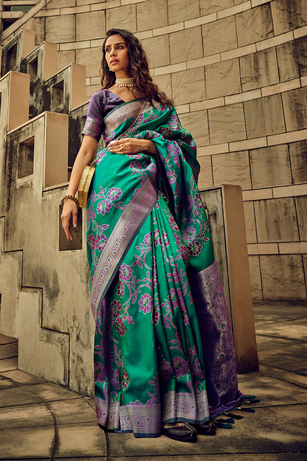 Pine Green & Grape Satin Saree with Violet Purple Designer Blouse