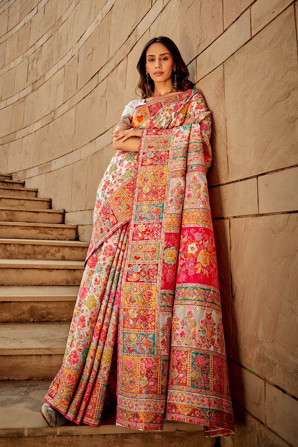 White Floral Kashmiri Silk Saree with White Designer Blouse