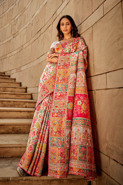 White Floral Kashmiri Silk Saree with White Designer Blouse
