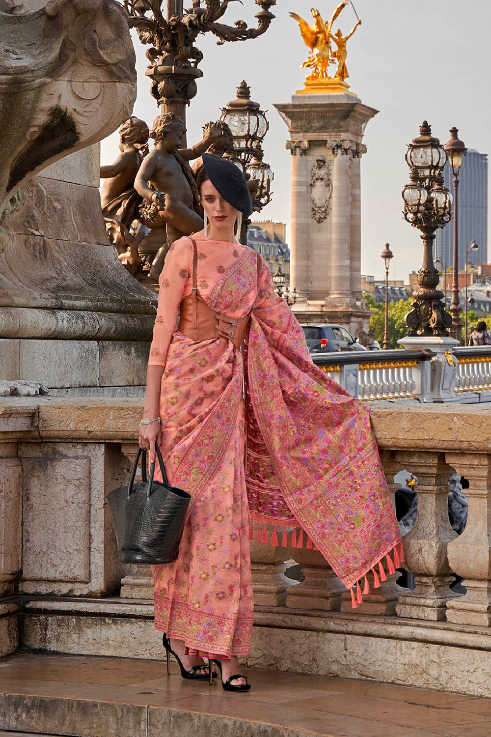 Coral Pink Floral Design Kashmiri Silk Saree with Fancy Blouse