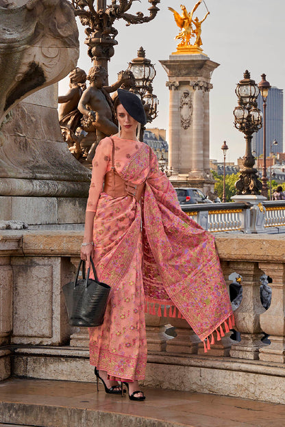 Coral Pink Floral Design Kashmiri Silk Saree with Fancy Blouse