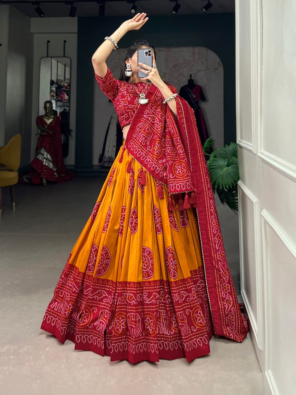 Designer Bandhani Lehenga Choli with Fancy Blouse and Bandhani Dupatta