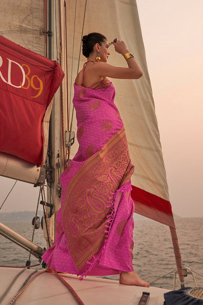 Rose Pink & Golden Butti Satin Saree with Pink Pretty Sleeve Less Blouse