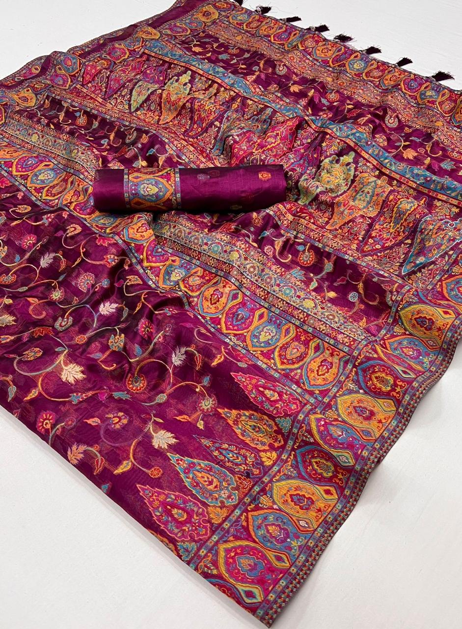 Raspberry Red Kashmiri Kani Silk Saree with Designer Blouse
