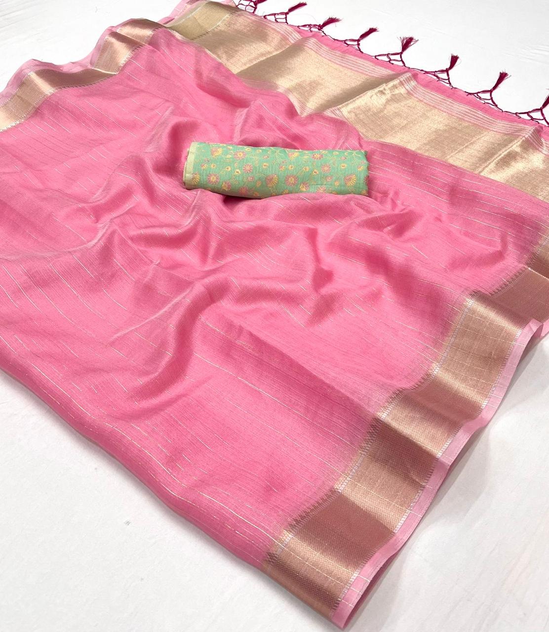 Bubble Gum Linen Saree with Mint Green Designer Blouse