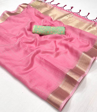 Bubble Gum Linen Saree with Mint Green Designer Blouse