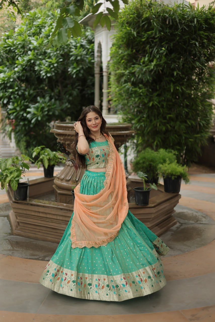 Powder Blue Designer Paithani Style Lehengas with Matching Paithani Blouse