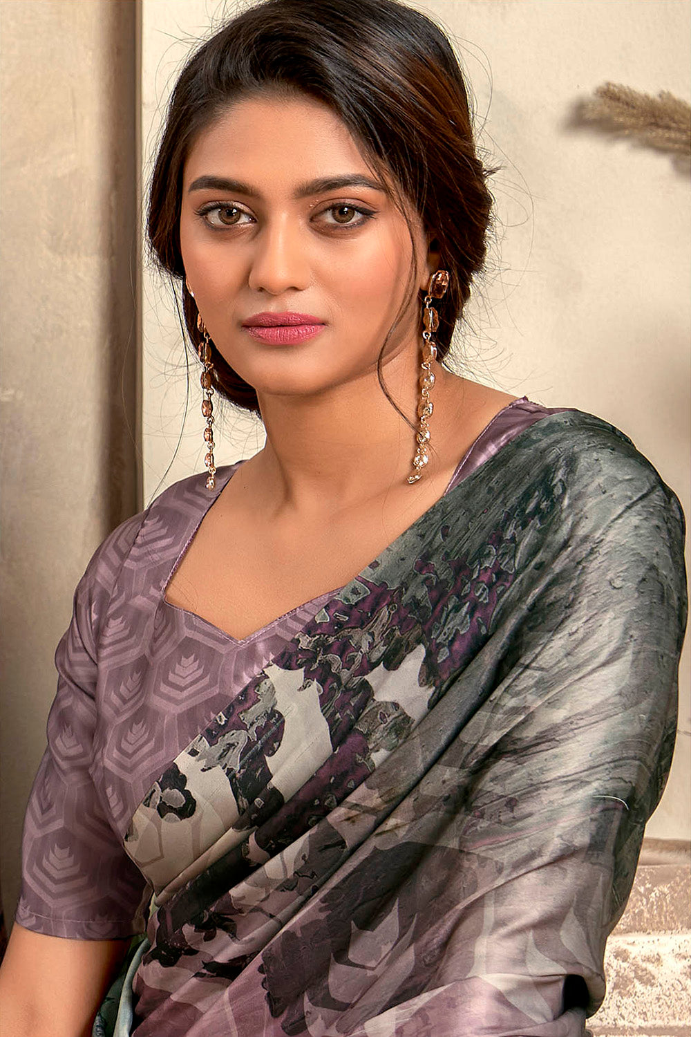 Plum Purple & Multicolored Printed Saree with Same Colored Designer Blouse