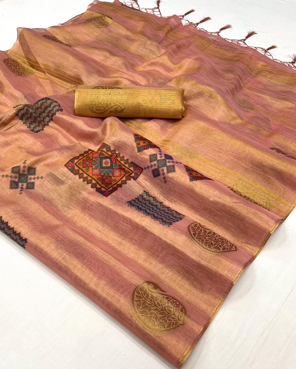 Punch Pink Tissue Silk Saree with Pretty Intricate Blouse