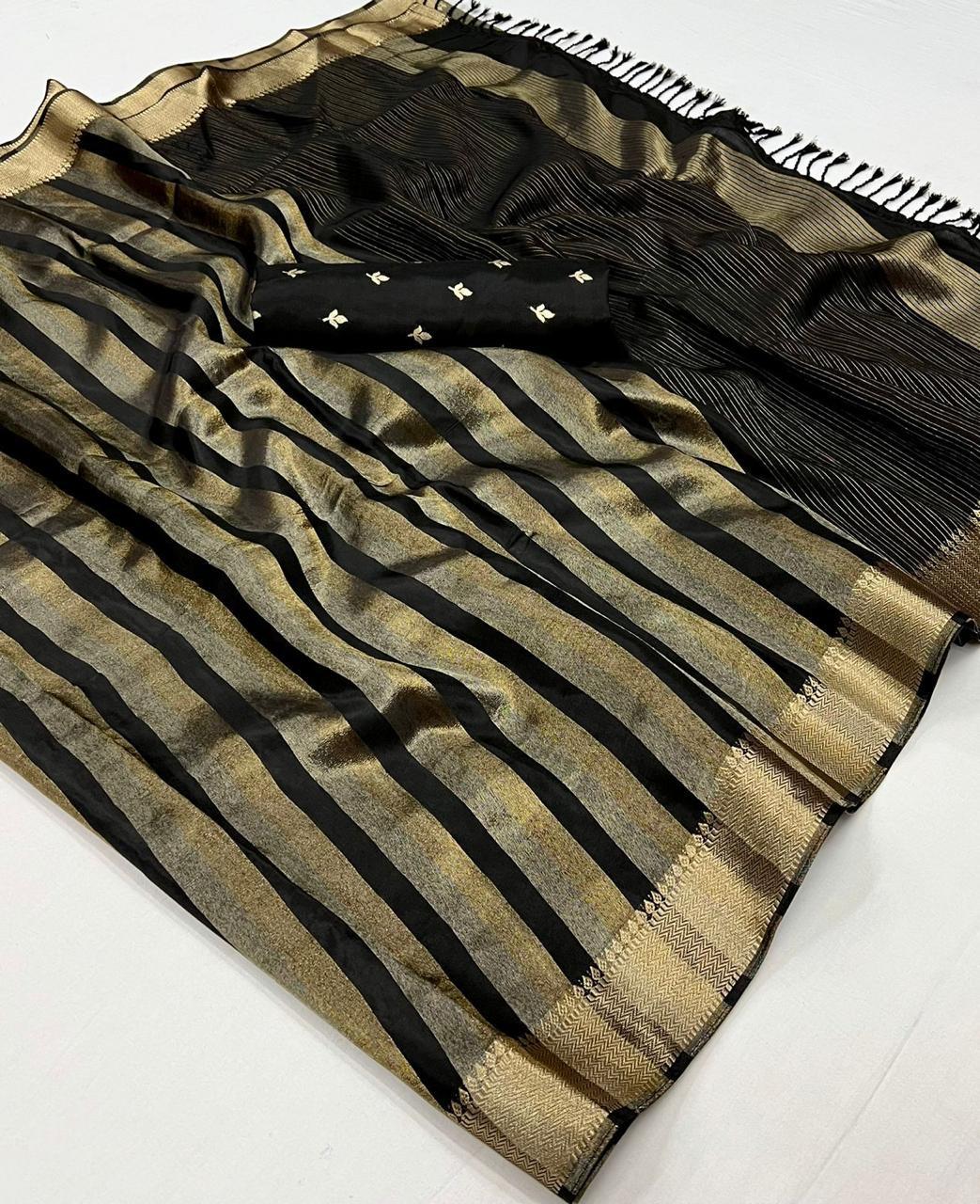 Black & Golden Border Designer Saree with Contrast Blouse