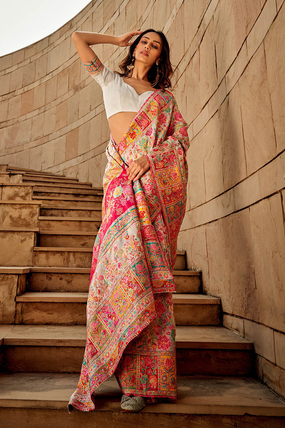 White Floral Kashmiri Silk Saree with White Designer Blouse
