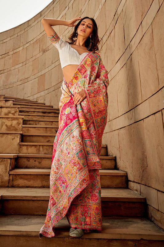 White Floral Kashmiri Silk Saree with White Designer Blouse