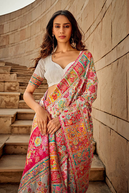 White Floral Kashmiri Silk Saree with White Designer Blouse