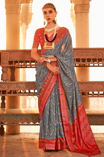 Steel Grey & Red Heavy Pallu Patola Saree with Red Pretty Blouse