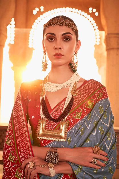 Steel Grey & Red Heavy Pallu Patola Saree with Red Pretty Blouse