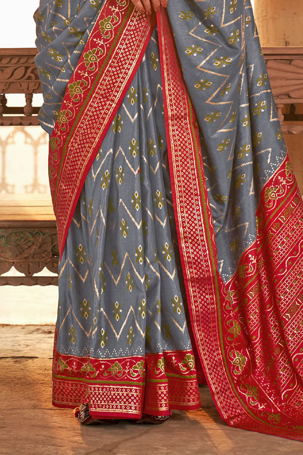 Steel Grey & Red Heavy Pallu Patola Saree with Red Pretty Blouse