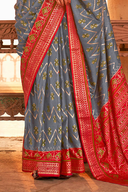 Steel Grey & Red Heavy Pallu Patola Saree with Red Pretty Blouse