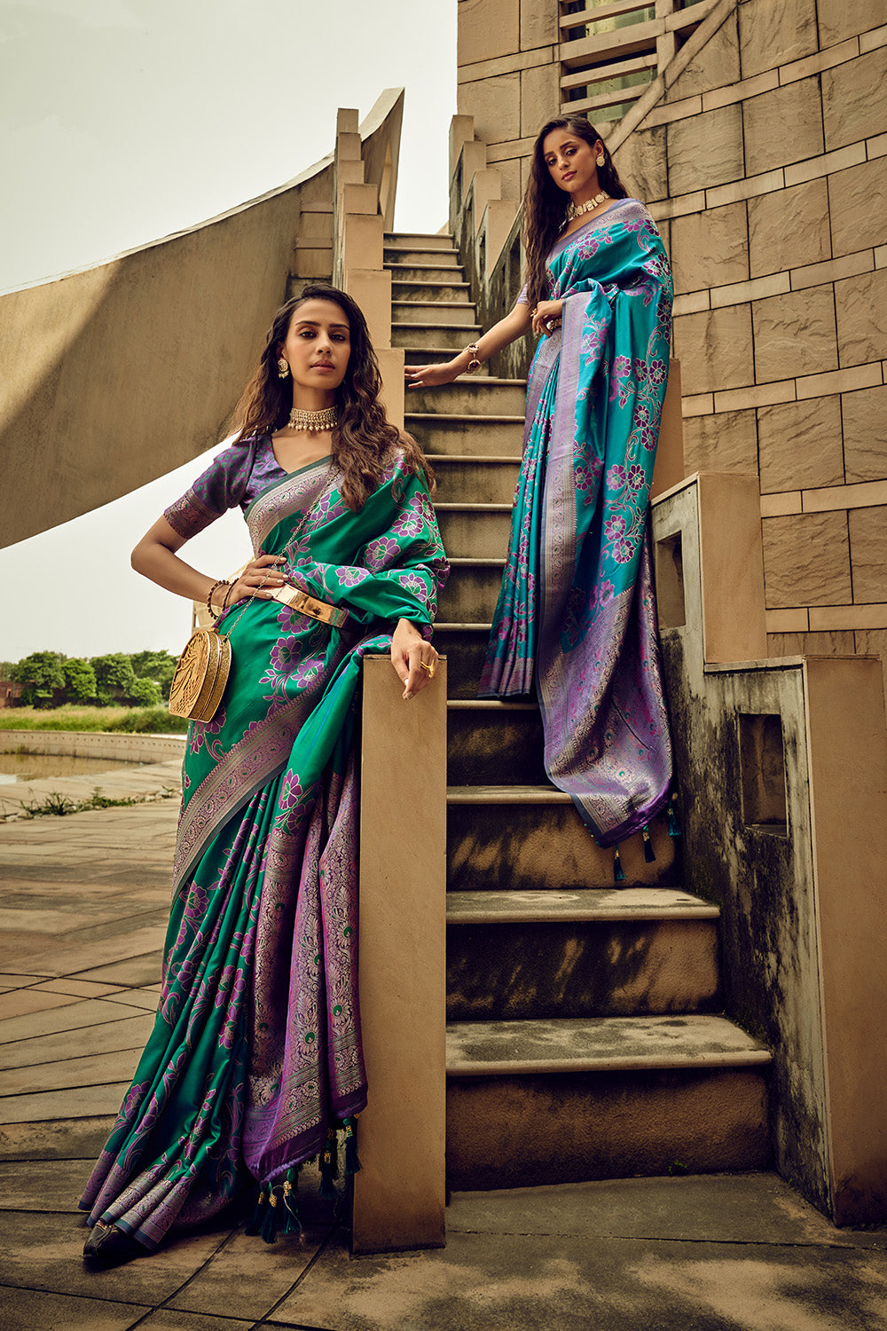 Pine Green & Grape Satin Saree with Violet Purple Designer Blouse