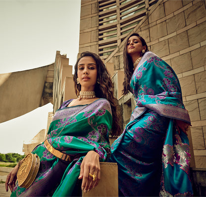 Pine Green & Grape Satin Saree with Violet Purple Designer Blouse