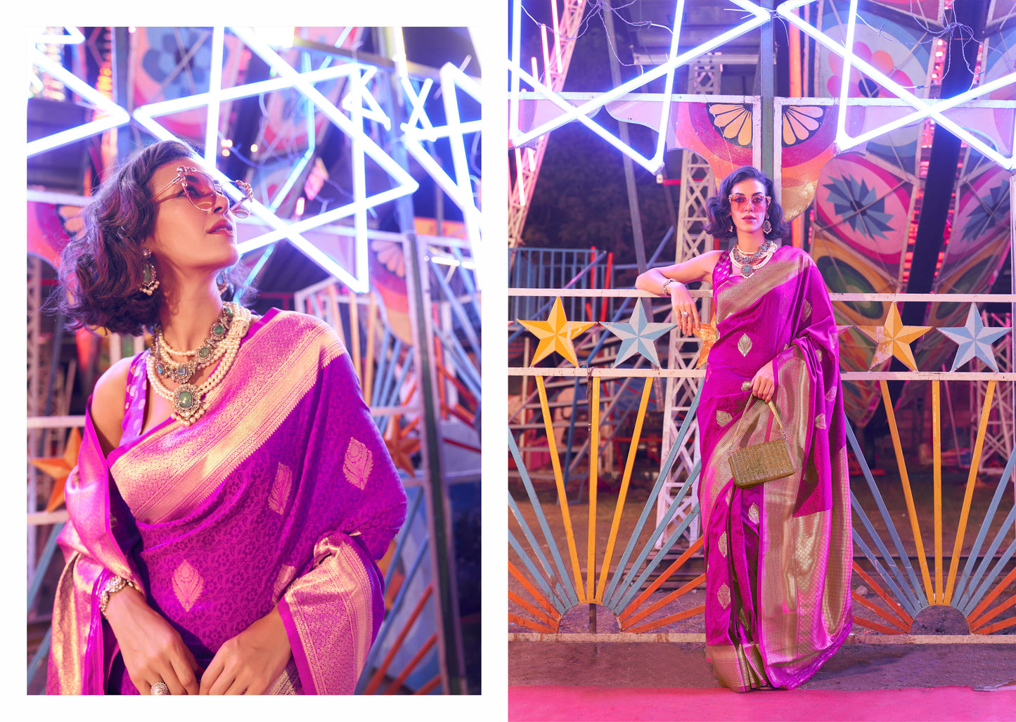 Fandango Purple & Golden Border Banarasi Silk Saree with Contrast Blouse