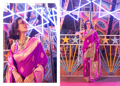 Fandango Purple & Golden Border Banarasi Silk Saree with Contrast Blouse