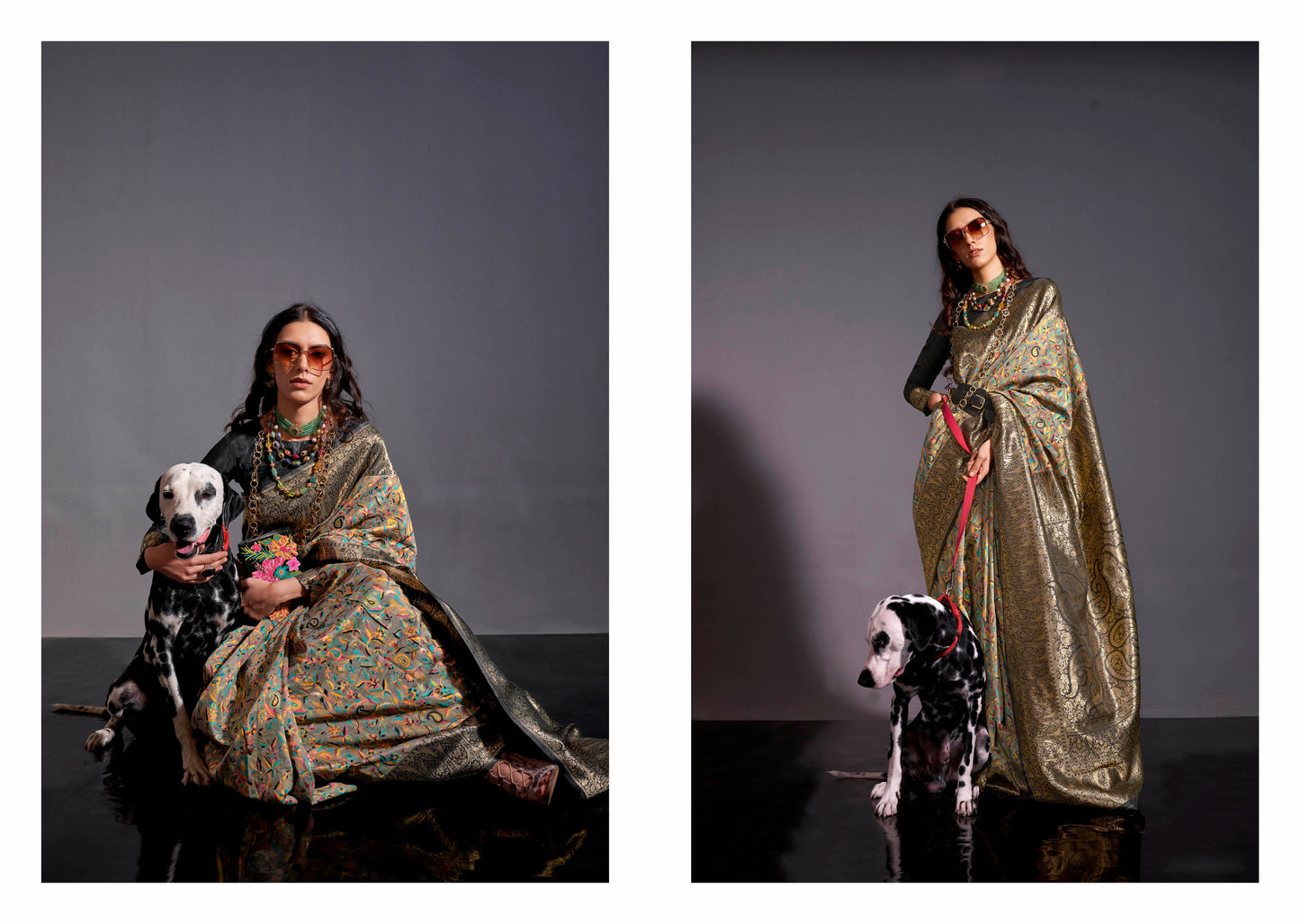 Black Golden & Multi-colored Floral Designs Kashmiri Saree with Black Fancy Blouse