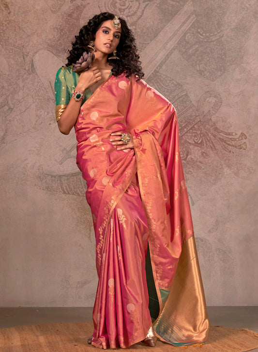 Tiger Orange Kanjeevaram SIlk Saree with Green Designer Blouse