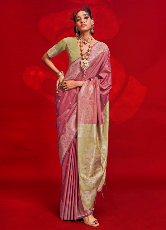 Taffy Pink & Green Border Tussar Silk Saree with Sage Green Fancy Blouse
